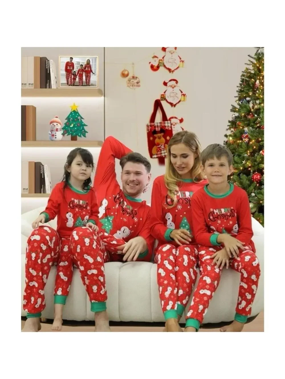 Men’s Large Christmas Pajama Set 2pc Long Sleeve Pj Snowman Tree Sleepwear NEW